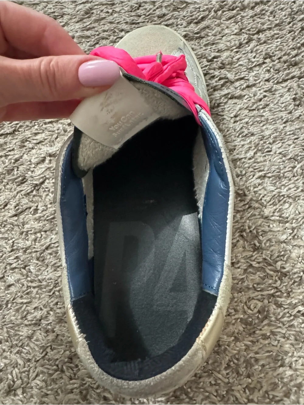 P448 White Leather Sneakers with Neon Pink Laces